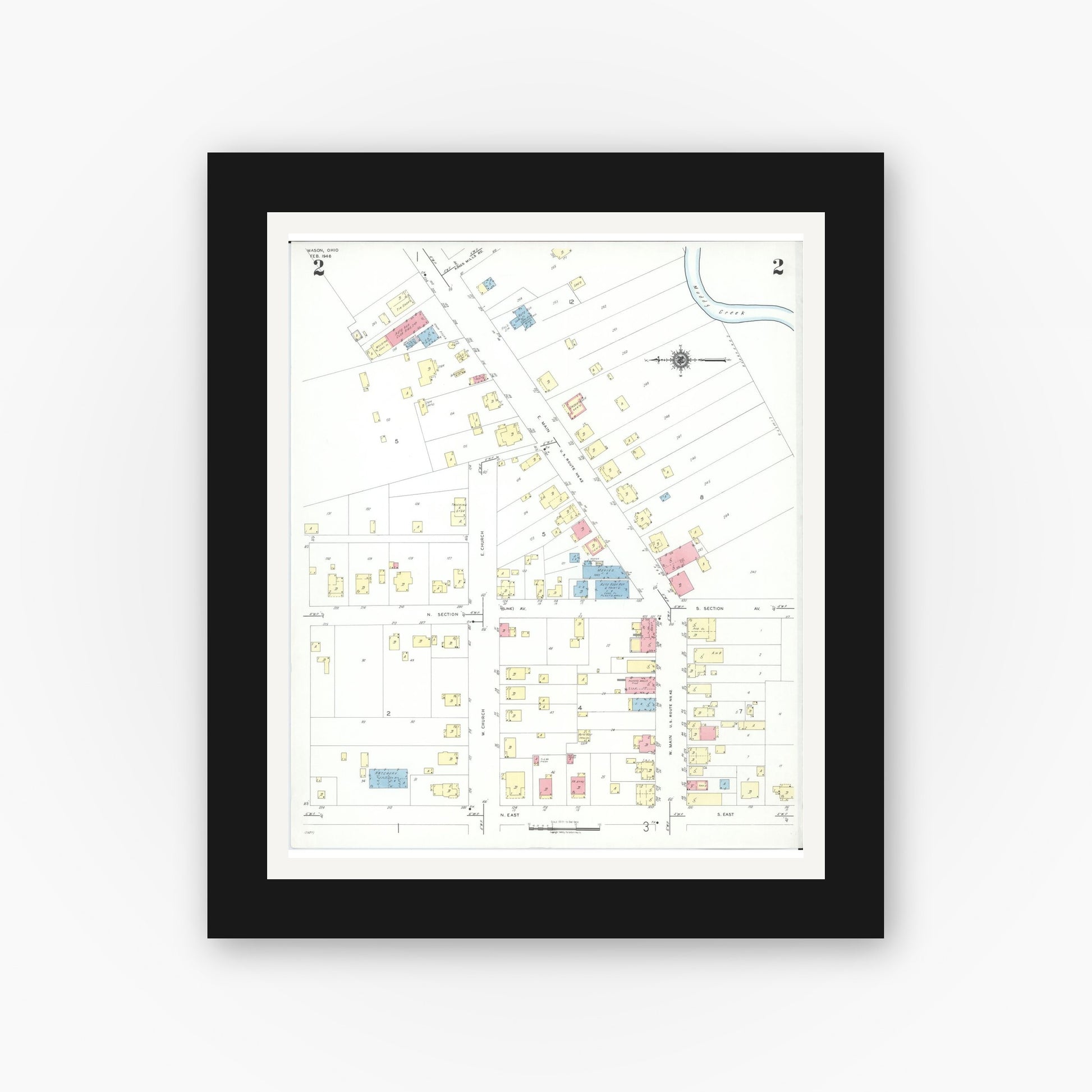 Old map wall art mockup — black gallery frame with white mat — Sanborn Fire Insurance Map from Mason, Warren County, Ohio (1946), Sheet #0002