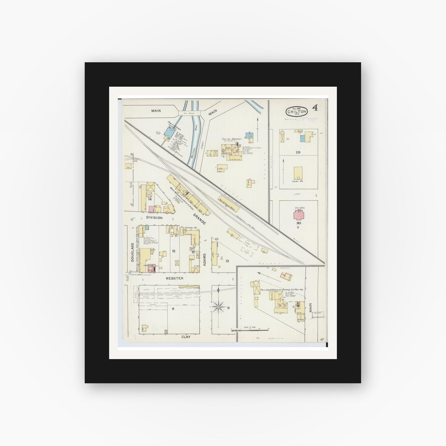 Old map wall art mockup — black gallery frame with white mat — Sanborn Fire Insurance Map from Chilton, Calumet County, Wisconsin (1892), Sheet #0004