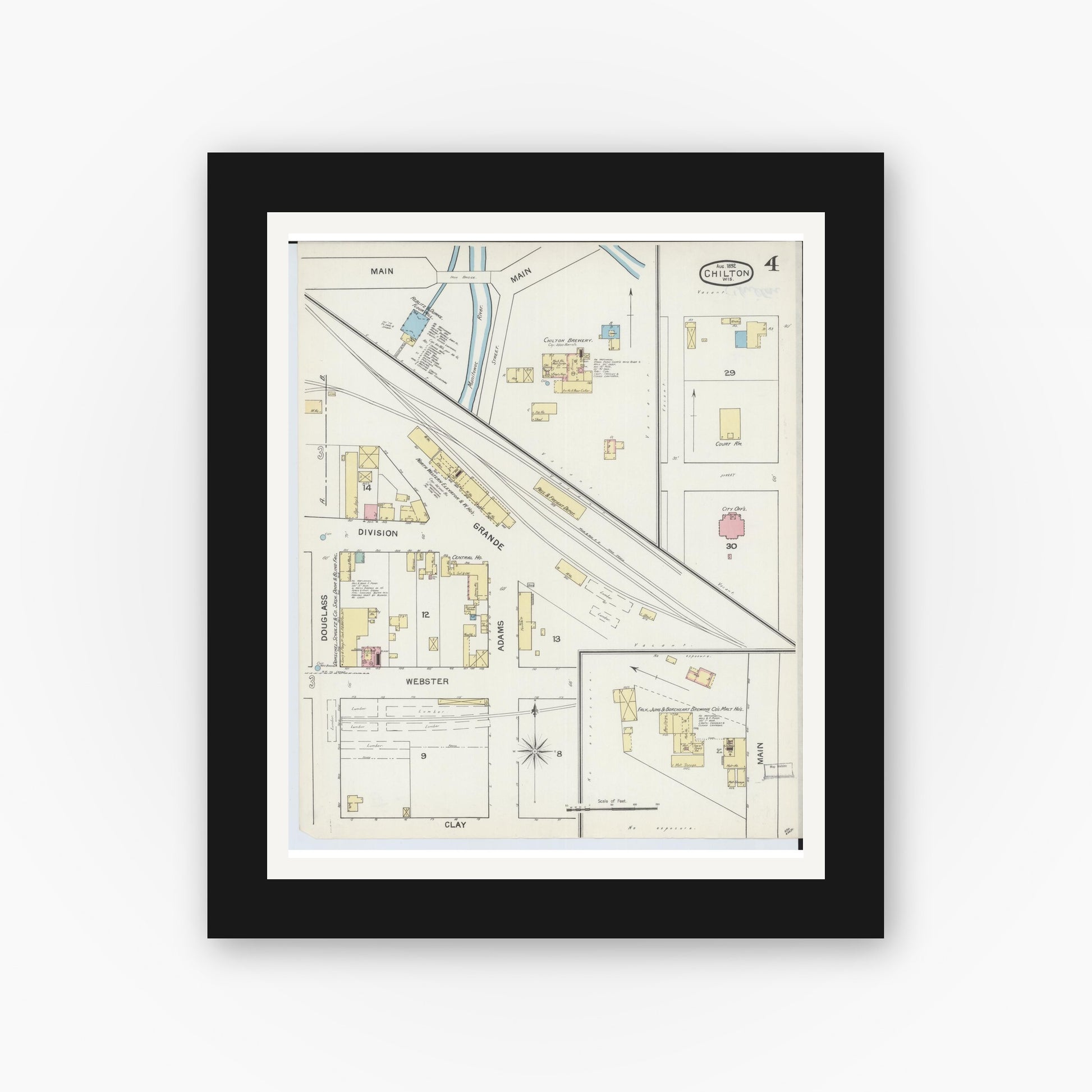 Old map wall art mockup — black gallery frame with white mat — Sanborn Fire Insurance Map from Chilton, Calumet County, Wisconsin (1892), Sheet #0004