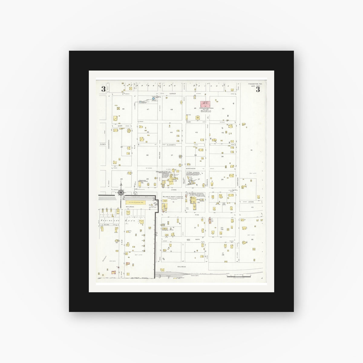 Old map wall art mockup — black gallery frame with white mat — Sanborn Fire Insurance Map from Frankston, Anderson County, Texas (1939), Sheet #0003