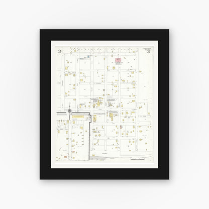 Old map wall art mockup — black gallery frame with white mat — Sanborn Fire Insurance Map from Frankston, Anderson County, Texas (1939), Sheet #0003