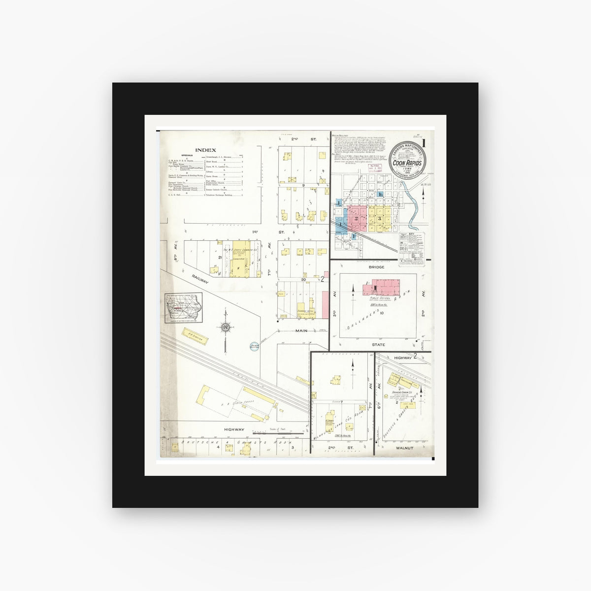 Old map wall art mockup — black gallery frame with white mat — Sanborn Fire Insurance Map from Coon Rapids, Carroll County, Iowa (1915) â€” Complete Set