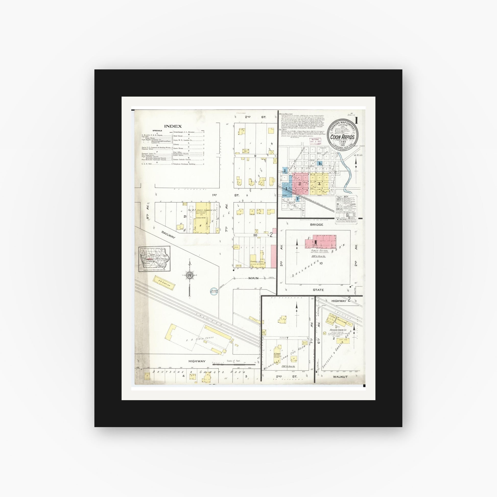 Old map wall art mockup — black gallery frame with white mat — Sanborn Fire Insurance Map from Coon Rapids, Carroll County, Iowa (1915) â€” Complete Set