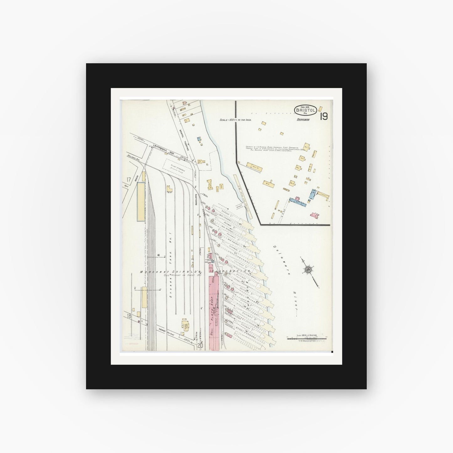 Old map wall art mockup — black gallery frame with white mat — Sanborn Fire Insurance Map from Bristol, Bucks County, Pennsylvania (1927), Sheet #0019