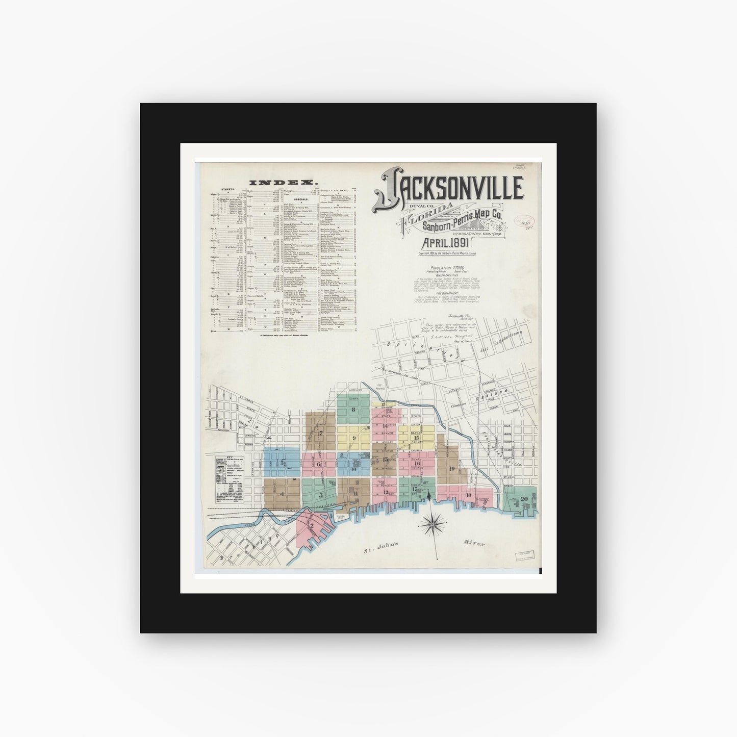 Old map wall art mockup — black gallery frame with white mat — Sanborn Fire Insurance Map from Jacksonville, Duval County, Florida (1891) - Complete Map Set