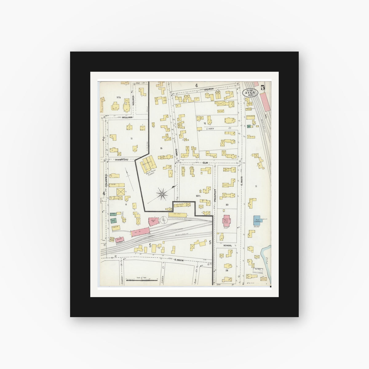 Old map wall art mockup — black gallery frame with white mat — Sanborn Fire Insurance Map from Ayer, Middlesex County, Massachusetts (1902), Sheet #0005