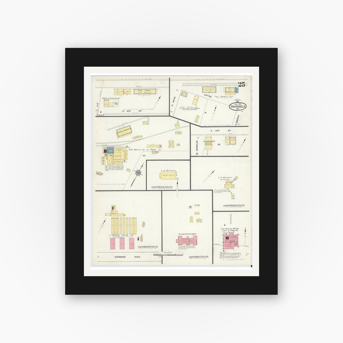Old map wall art mockup — black gallery frame with white mat — Sanborn Fire Insurance Map from San Angelo, Tom Green County, Texas (1913), Sheet #0025
