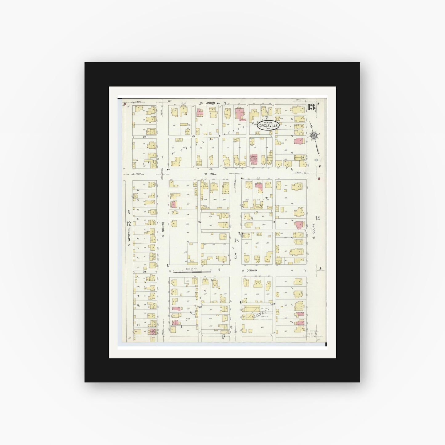 Old map wall art mockup — black gallery frame with white mat — Sanborn Fire Insurance Map from Circleville, Pickaway County, Ohio (1914), Sheet #0013