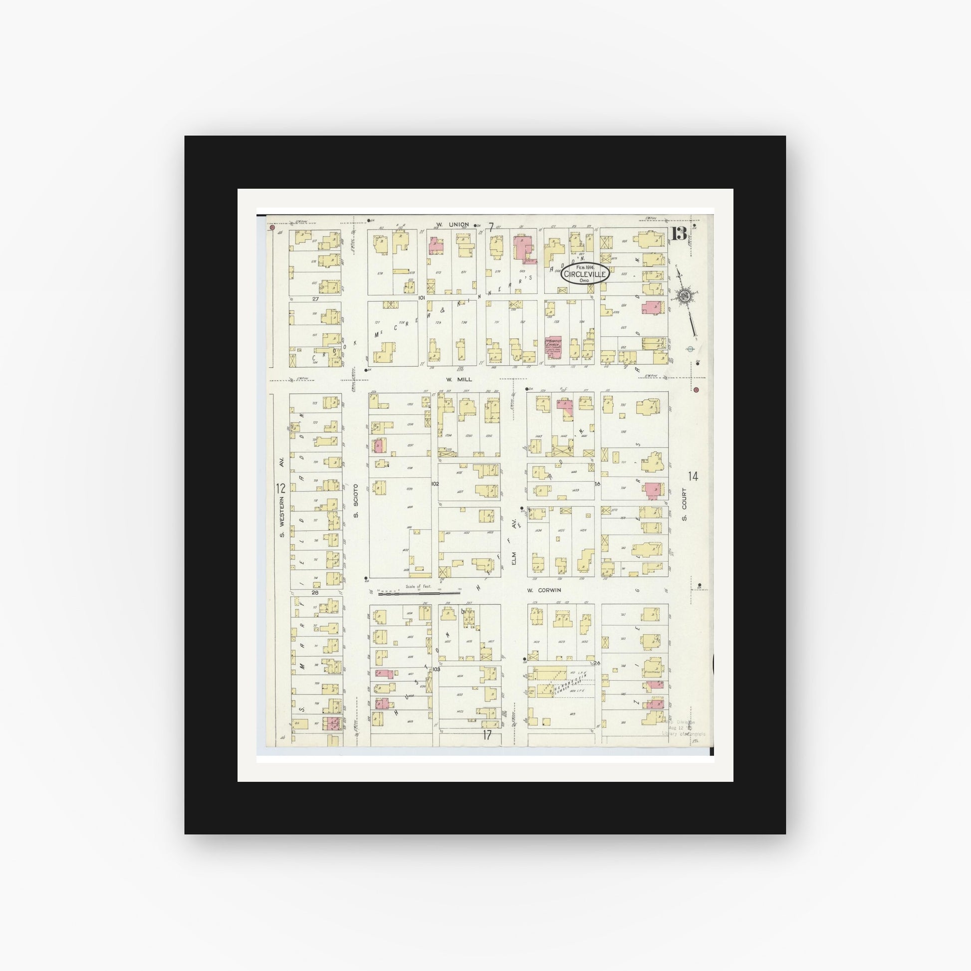 Old map wall art mockup — black gallery frame with white mat — Sanborn Fire Insurance Map from Circleville, Pickaway County, Ohio (1914), Sheet #0013