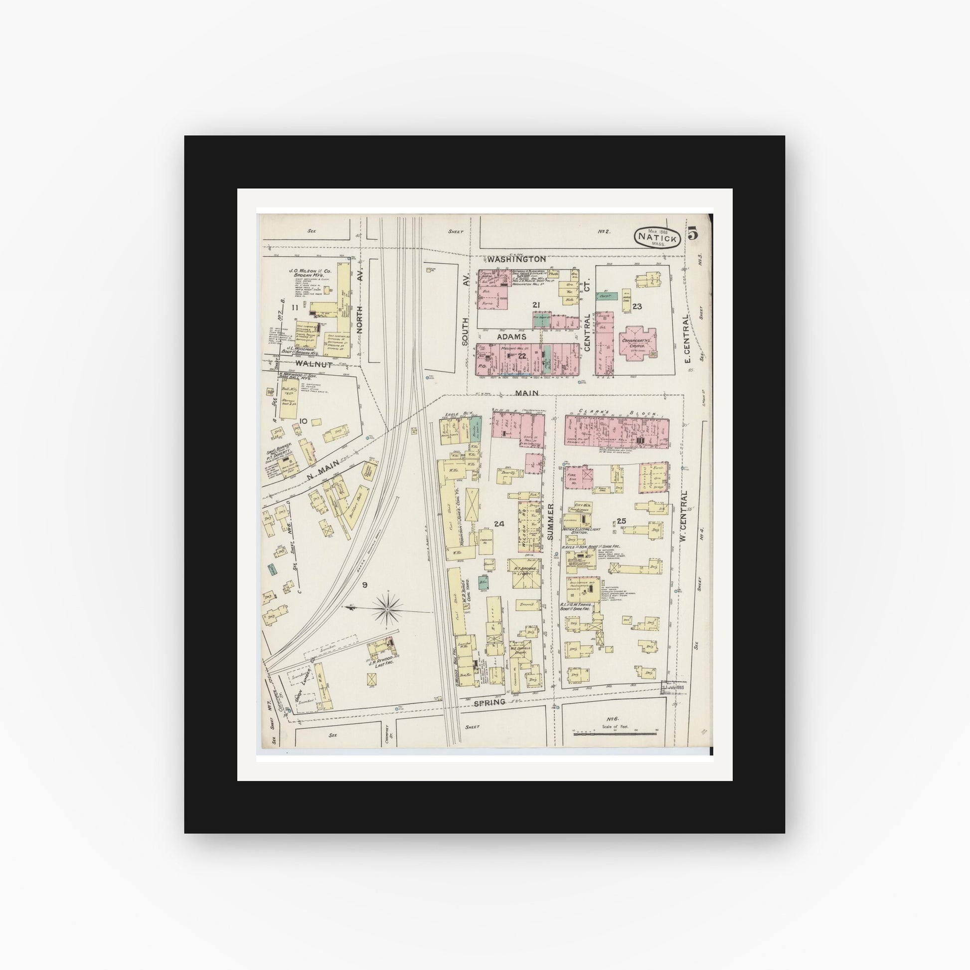 Old map wall art mockup — black gallery frame with white mat — Sanborn Fire Insurance Map from Natick, Middlesex County, Massachusetts (1888), Sheet #0005