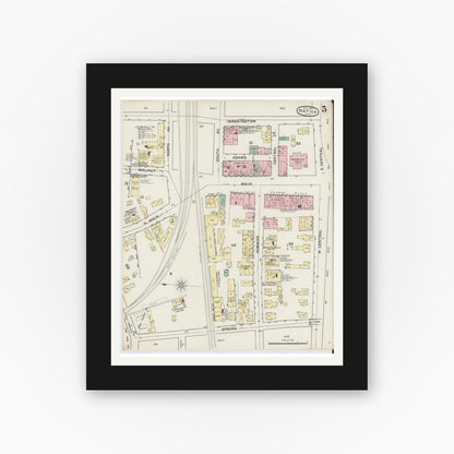 Old map wall art mockup — black gallery frame with white mat — Sanborn Fire Insurance Map from Natick, Middlesex County, Massachusetts (1888), Sheet #0005