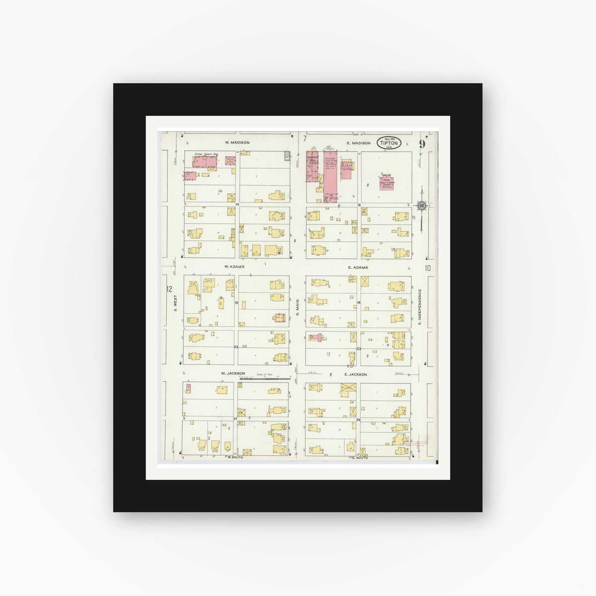 Old map wall art mockup — black gallery frame with white mat — Sanborn Fire Insurance Map from Tipton, Tipton County, Indiana (1915), Sheet #0009