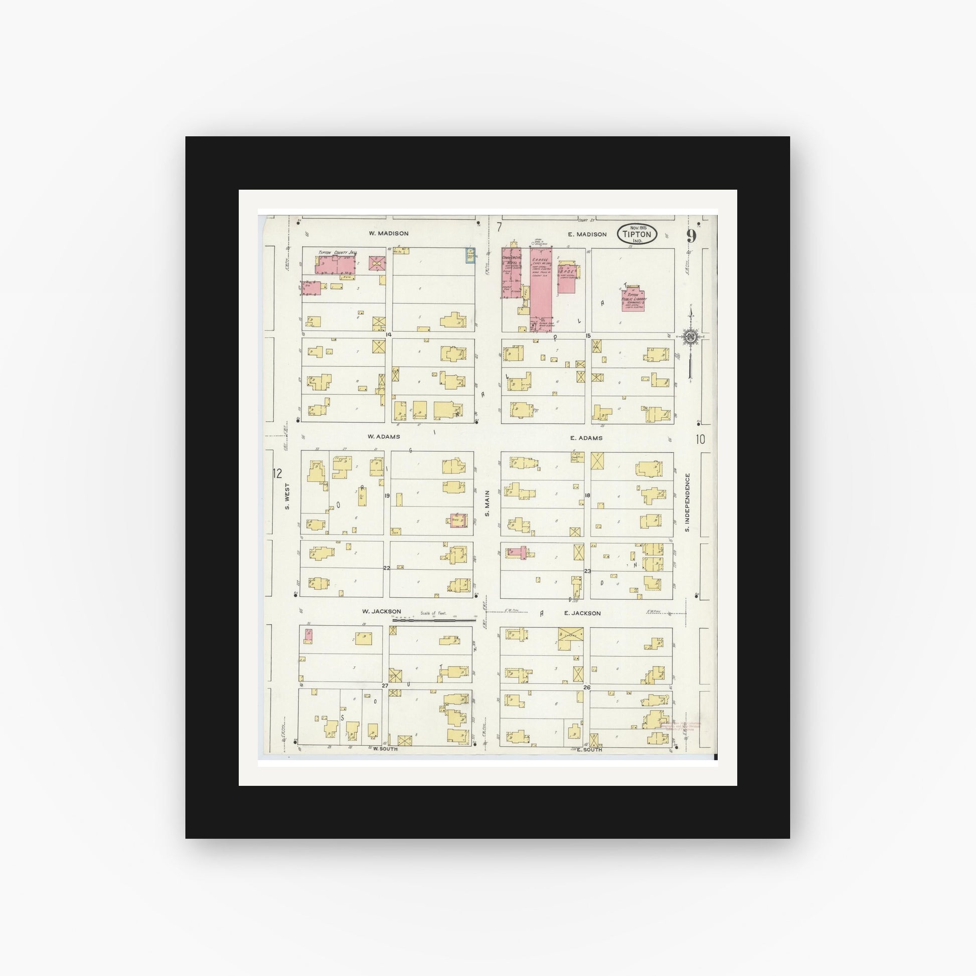 Old map wall art mockup — black gallery frame with white mat — Sanborn Fire Insurance Map from Tipton, Tipton County, Indiana (1915), Sheet #0009