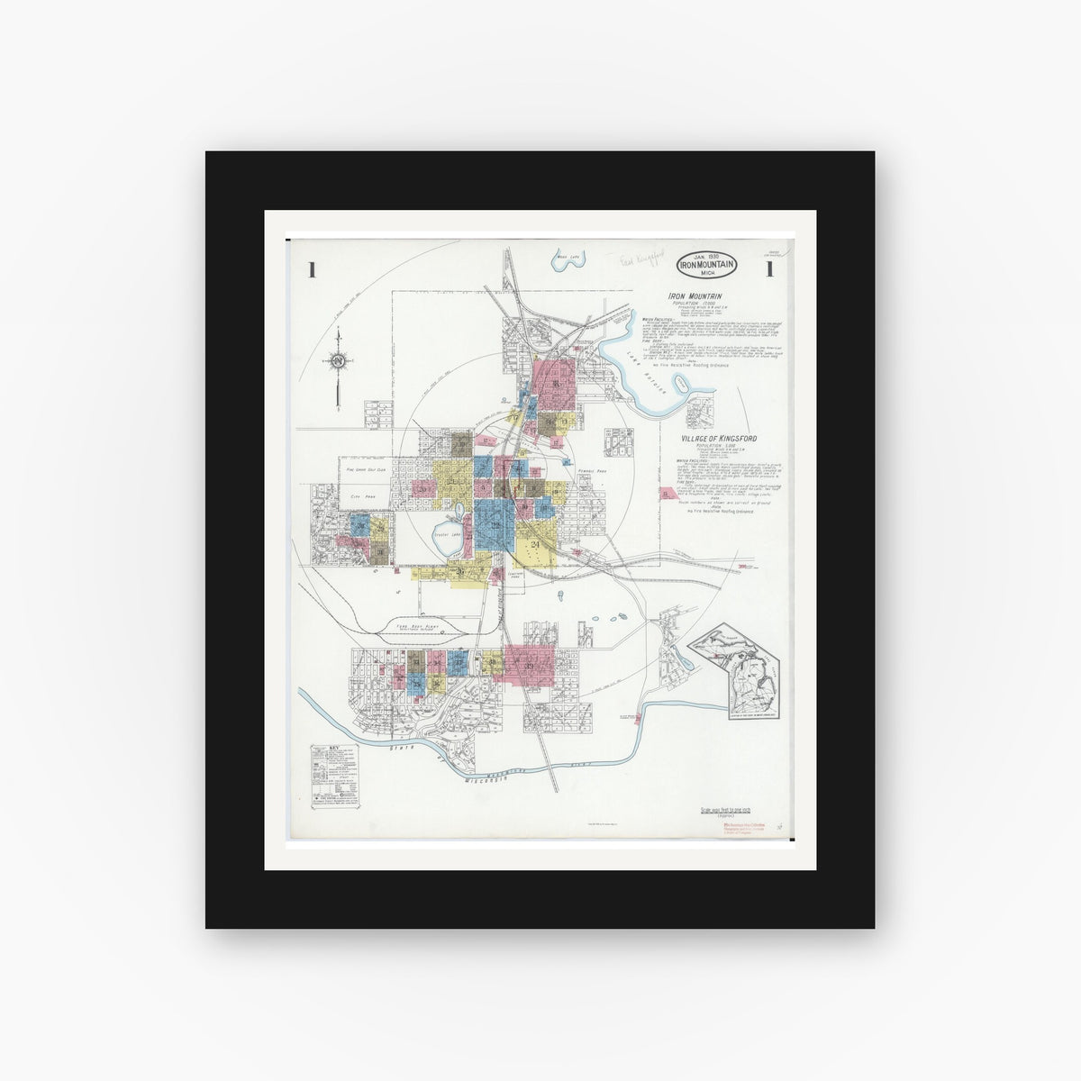 Old map wall art mockup — black gallery frame with white mat — Sanborn Fire Insurance Map from Iron Mountain, Dickinson County, Michigan (1930), Sheet #0001
