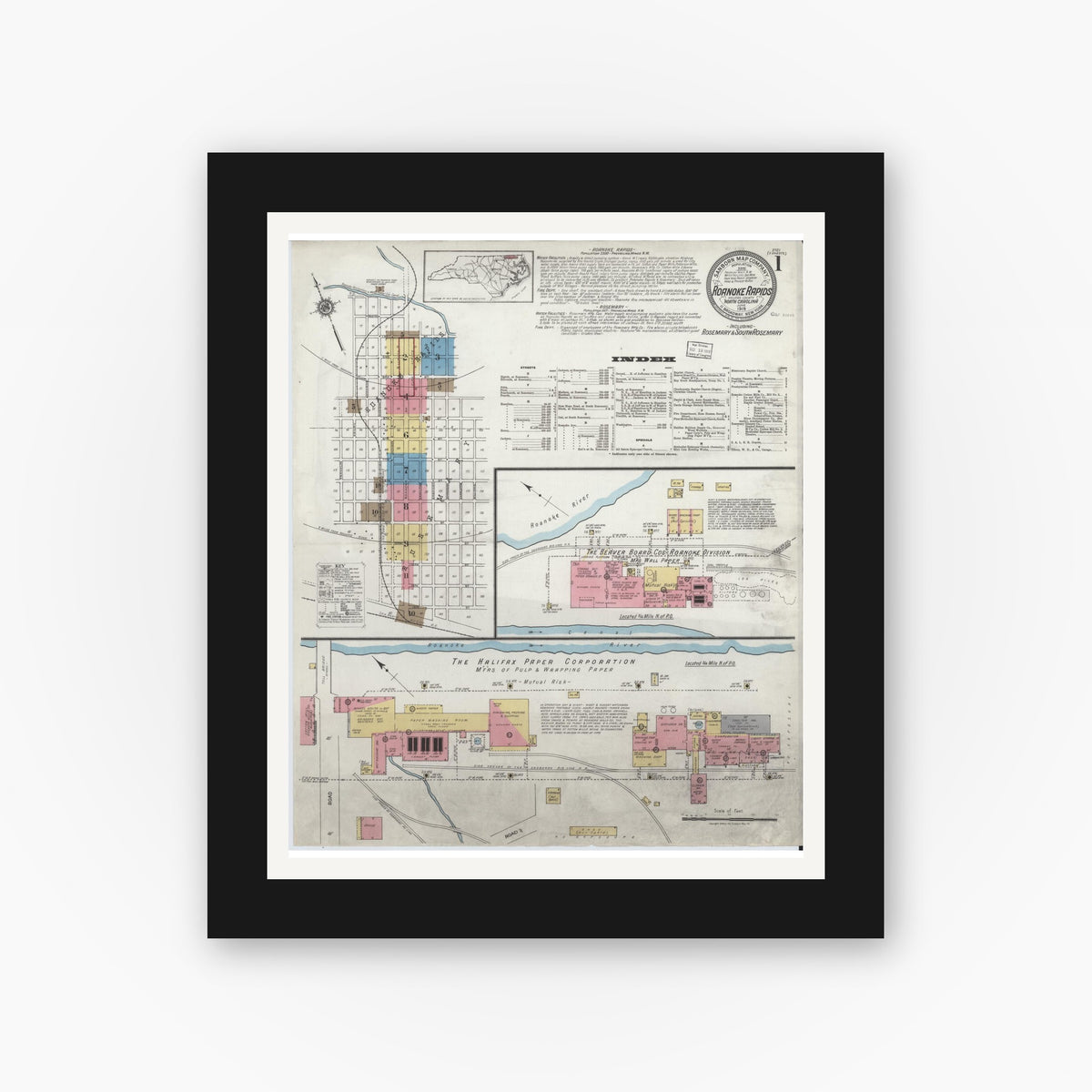 Old map wall art mockup — black gallery frame with white mat — Sanborn Fire Insurance Map from Roanoke Rapids, Halifax County, North Carolina (1919) - Complete Map Set