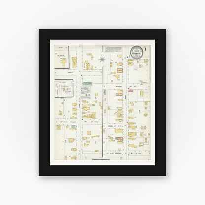 Old map wall art mockup — black gallery frame with white mat — Sanborn Fire Insurance Map from Greenwood, Clark County, Wisconsin (1902), Sheet #0001