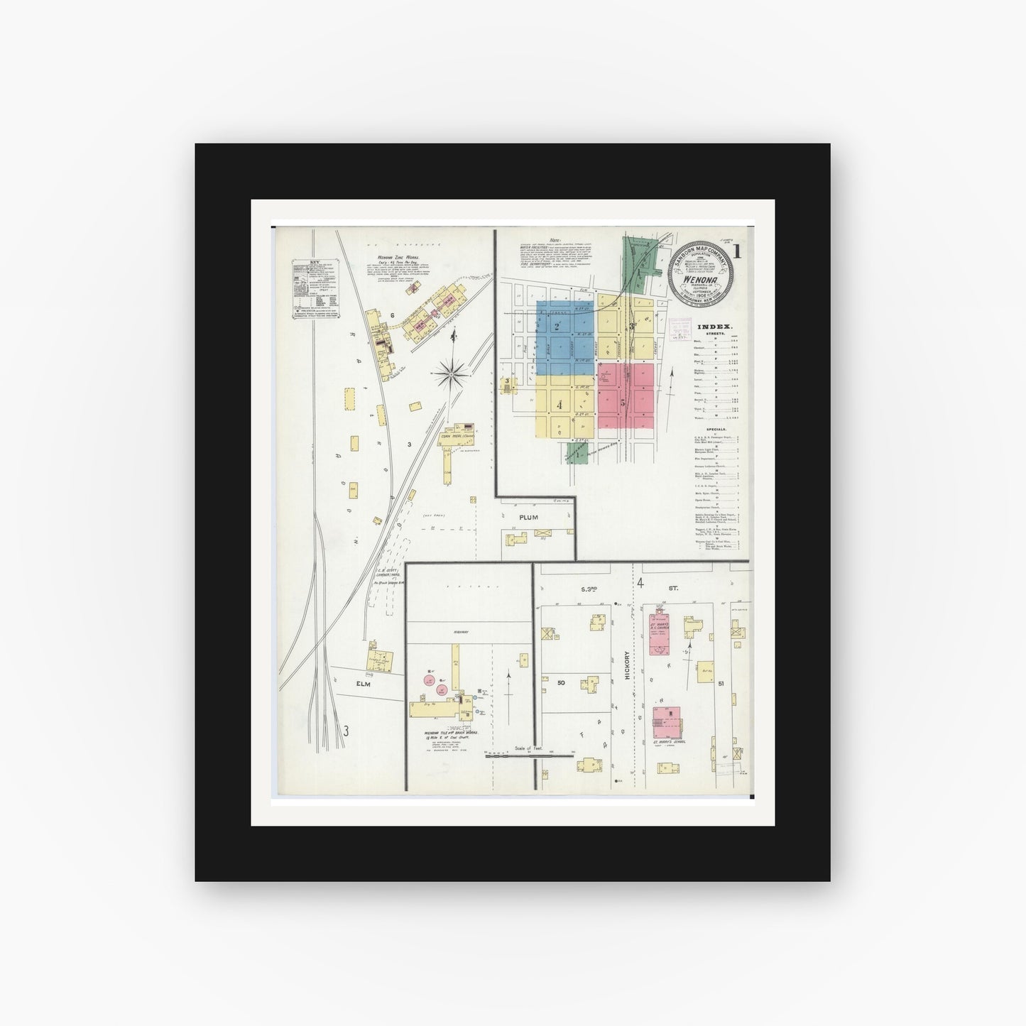 Old map wall art mockup — black gallery frame with white mat — Sanborn Fire Insurance Map from Wenona, Marshall County, Illinois (1906), Sheet #0001