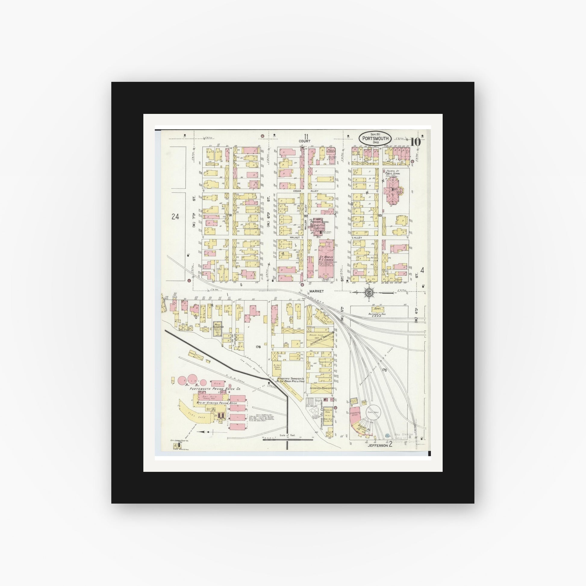 Old map wall art mockup — black gallery frame with white mat — Sanborn Fire Insurance Map from Portsmouth, Scioto County, Ohio (1911), Sheet #0010