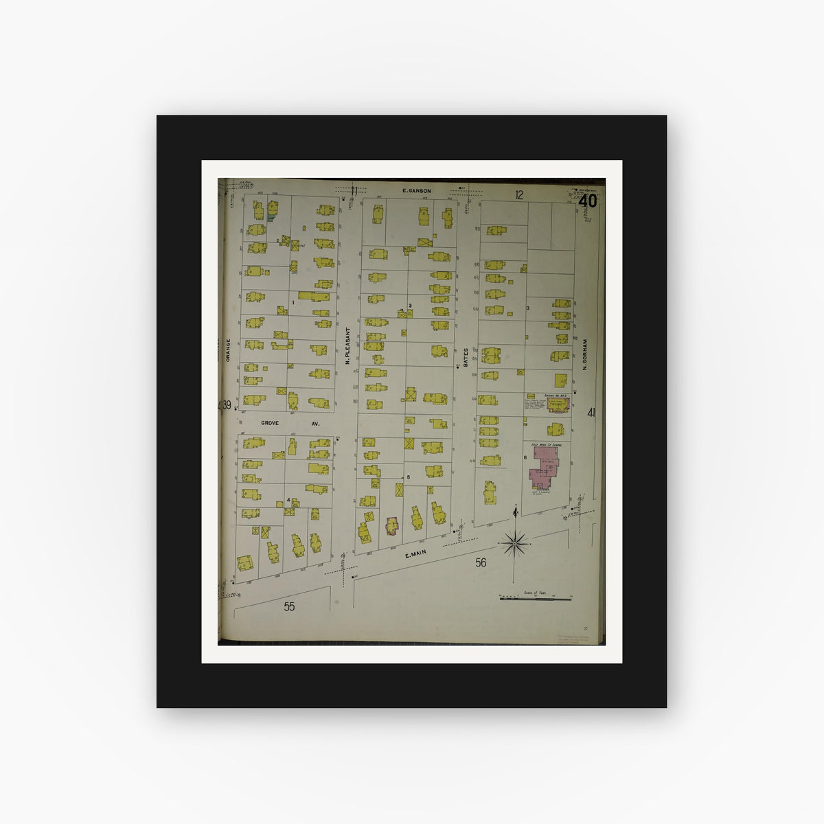 Old map wall art mockup — black gallery frame with white mat — Sanborn Fire Insurance Map from Jackson, Jackson County, Michigan (1907), Sheet #0040
