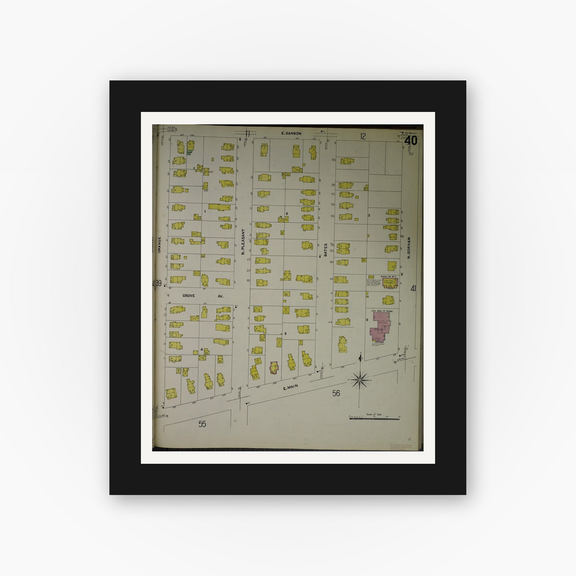 Old map wall art mockup — black gallery frame with white mat — Sanborn Fire Insurance Map from Jackson, Jackson County, Michigan (1907), Sheet #0040