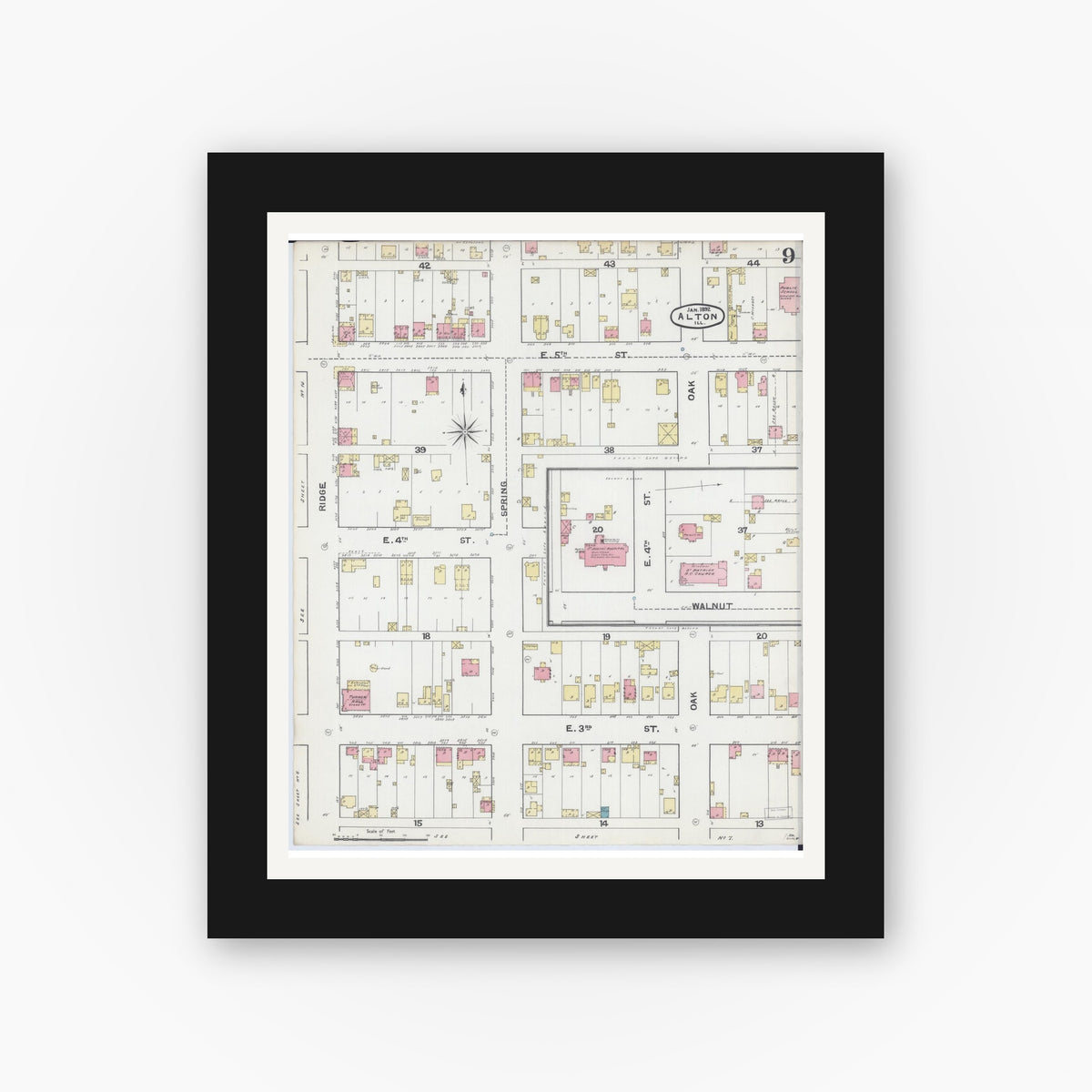Old map wall art mockup — black gallery frame with white mat — Sanborn Fire Insurance Map from Alton, Madison County, Illinois (1892), Sheet #0009
