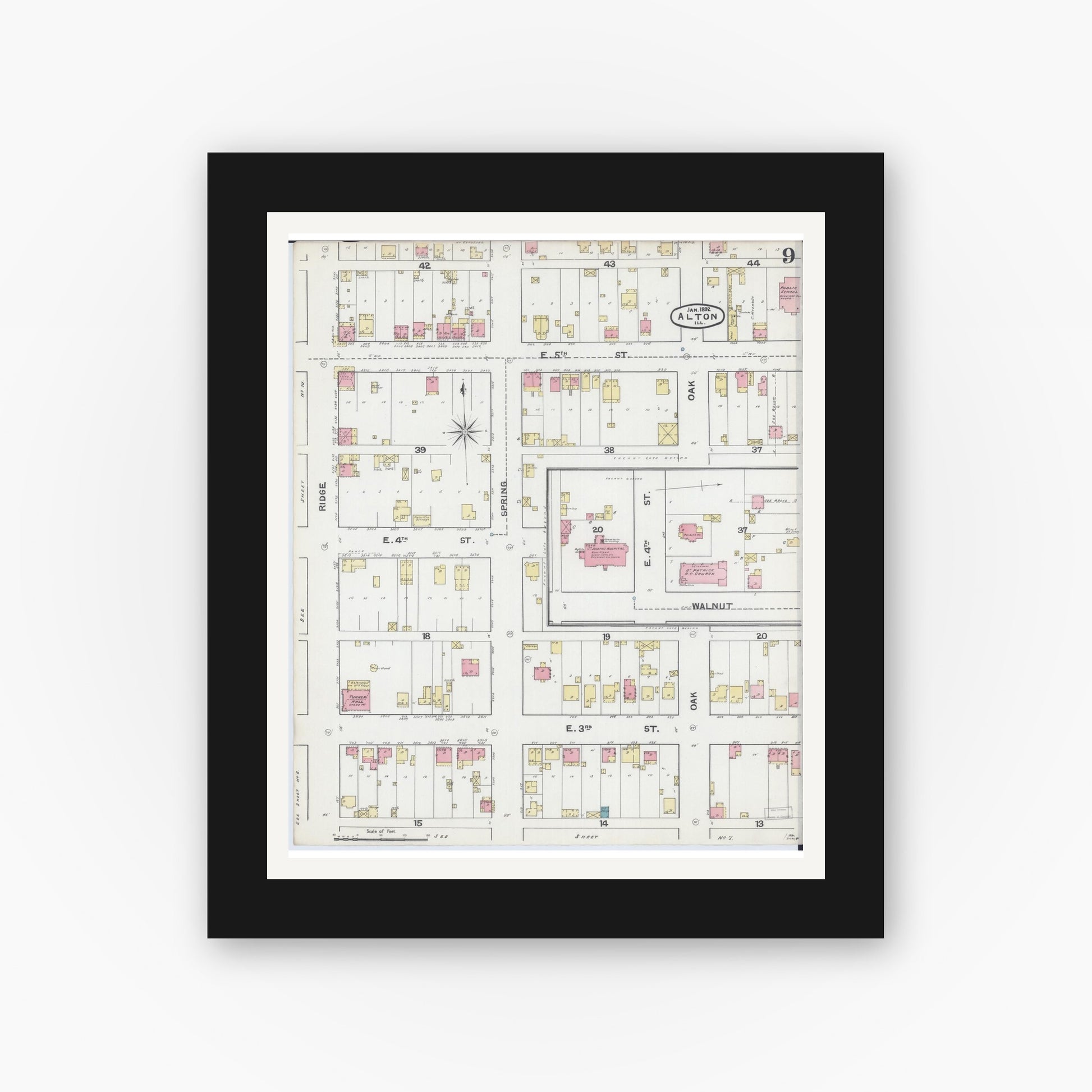 Old map wall art mockup — black gallery frame with white mat — Sanborn Fire Insurance Map from Alton, Madison County, Illinois (1892), Sheet #0009