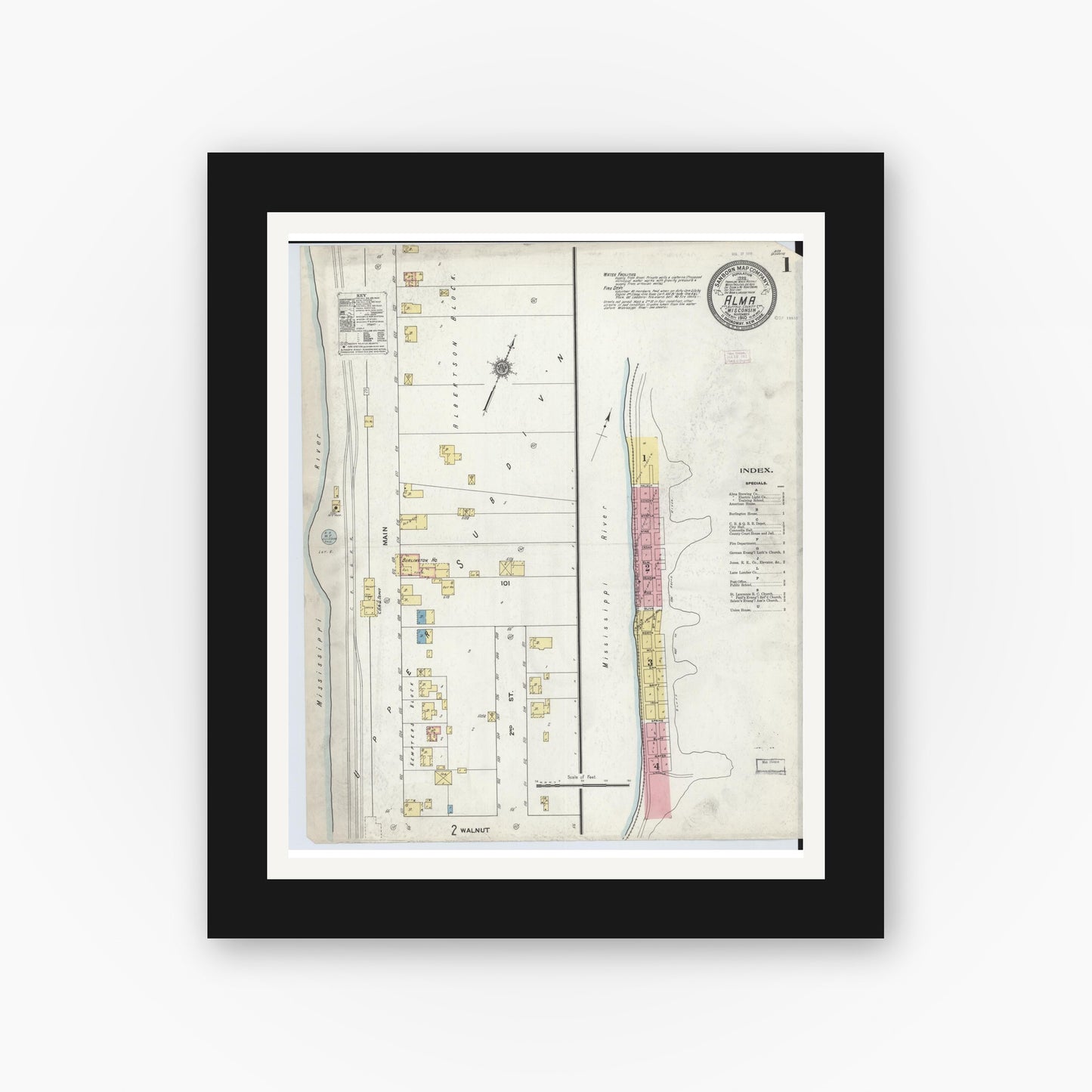 Old map wall art mockup — black gallery frame with white mat — Sanborn Fire Insurance Map from Alma, Buffalo County, Wisconsin (1910) - Complete Map Set