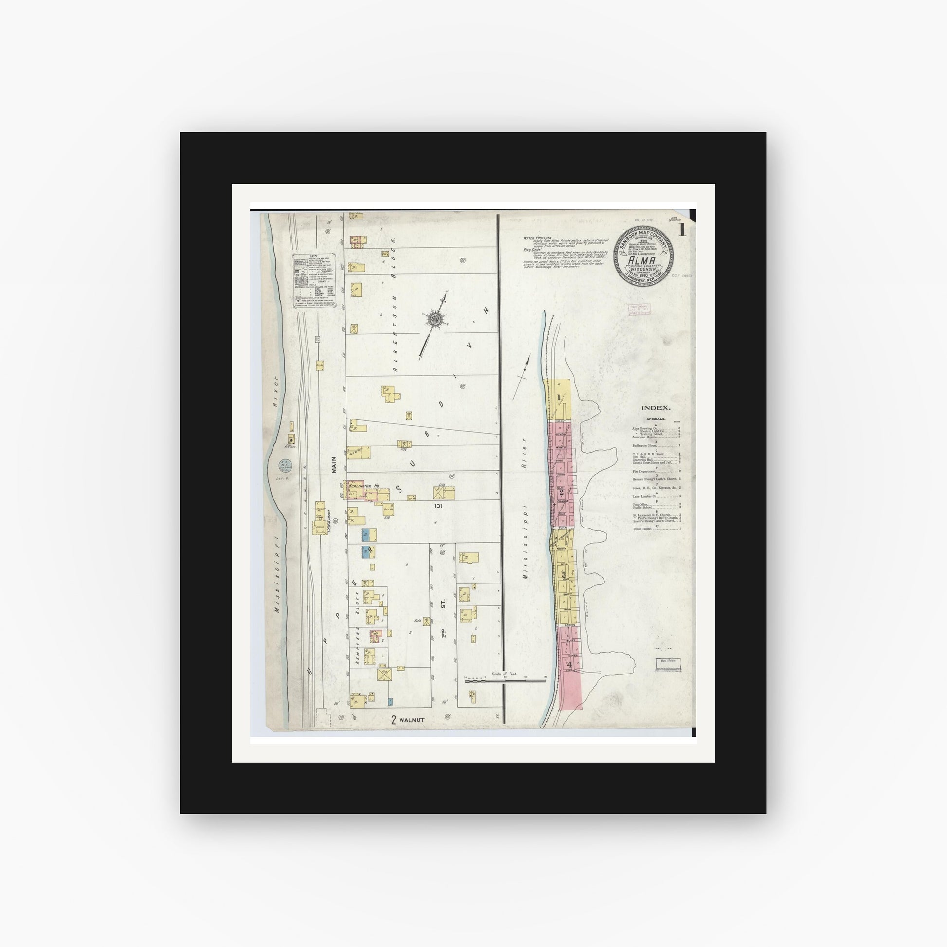 Old map wall art mockup — black gallery frame with white mat — Sanborn Fire Insurance Map from Alma, Buffalo County, Wisconsin (1910) - Complete Map Set