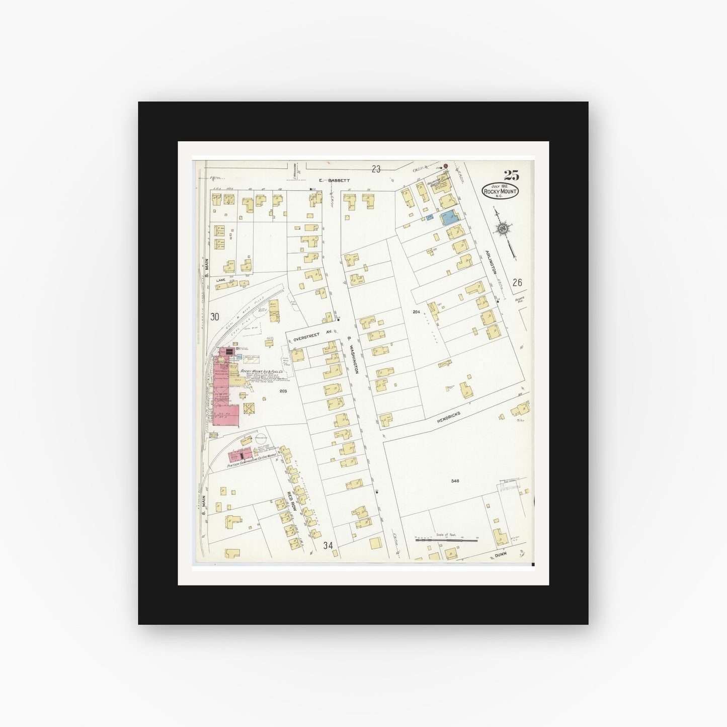 Old map wall art mockup — black gallery frame with white mat — Sanborn Fire Insurance Map from Rocky Mount, Edgecombe And Nash Counties, North Carolina (1912), Sheet #0025