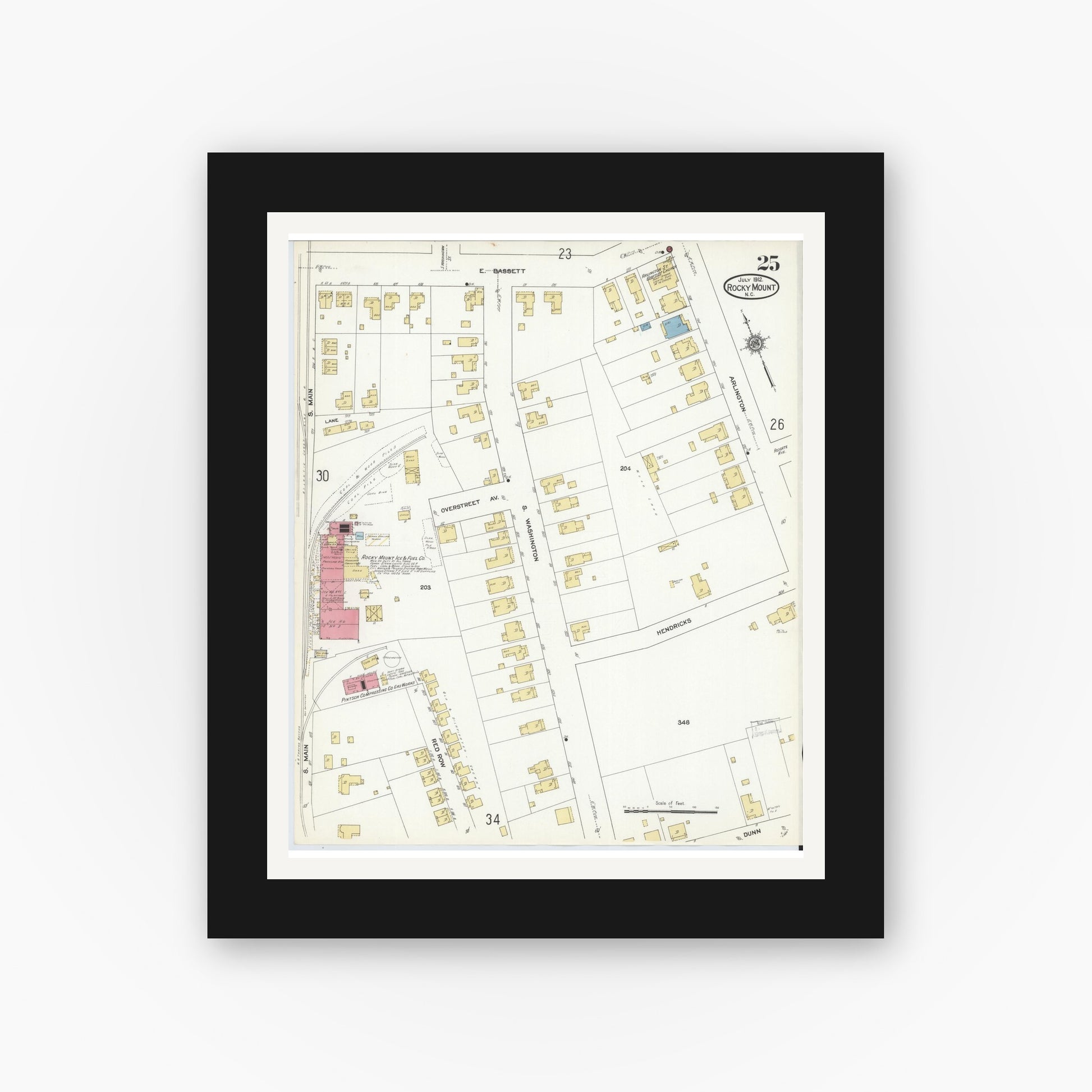 Old map wall art mockup — black gallery frame with white mat — Sanborn Fire Insurance Map from Rocky Mount, Edgecombe And Nash Counties, North Carolina (1912), Sheet #0025