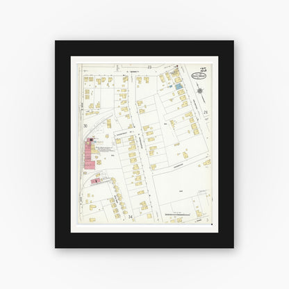 Old map wall art mockup — black gallery frame with white mat — Sanborn Fire Insurance Map from Rocky Mount, Edgecombe And Nash Counties, North Carolina (1912), Sheet #0025