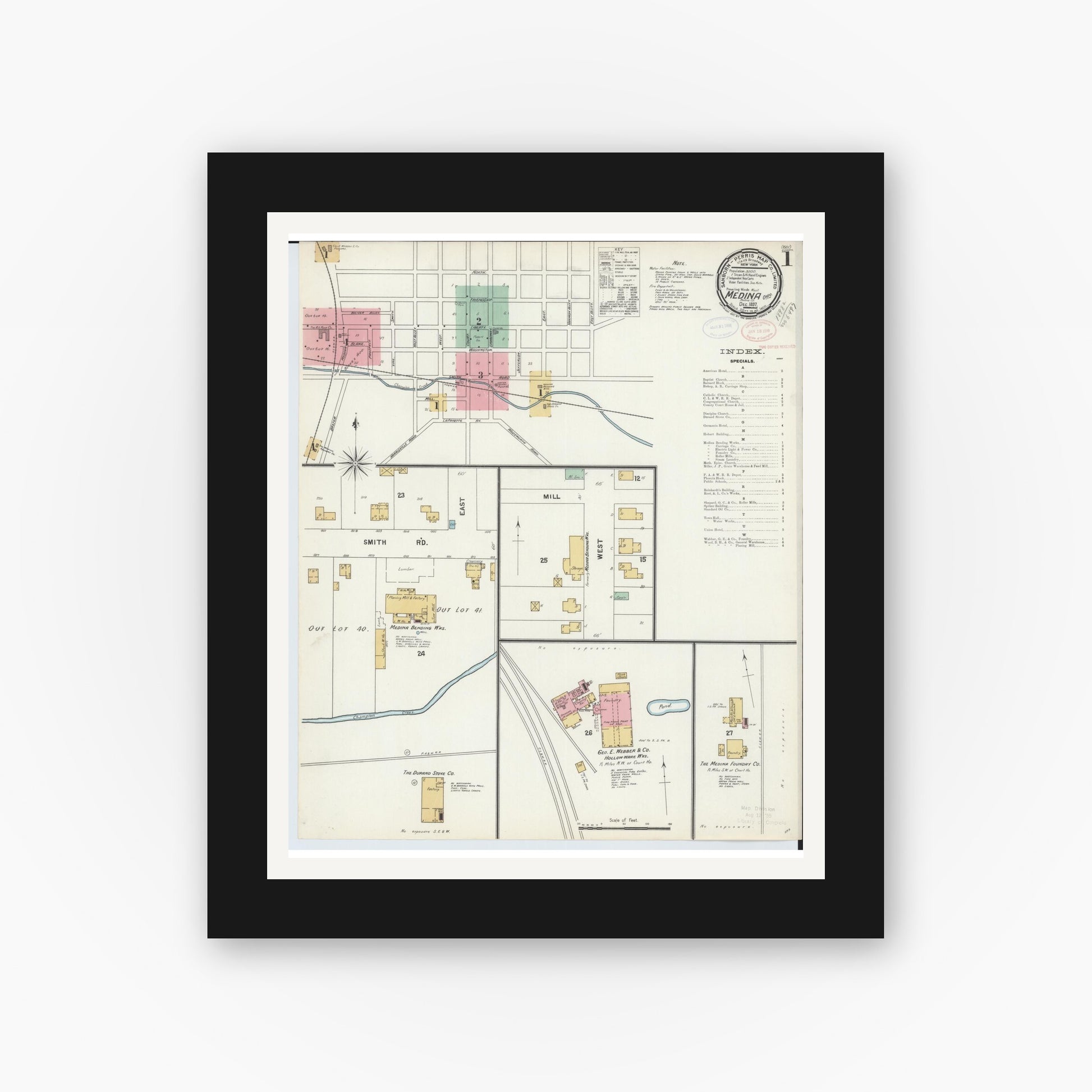 Old map wall art mockup — black gallery frame with white mat — Sanborn Fire Insurance Map from Medina, Medina County, Ohio (1897) - Complete Map Set