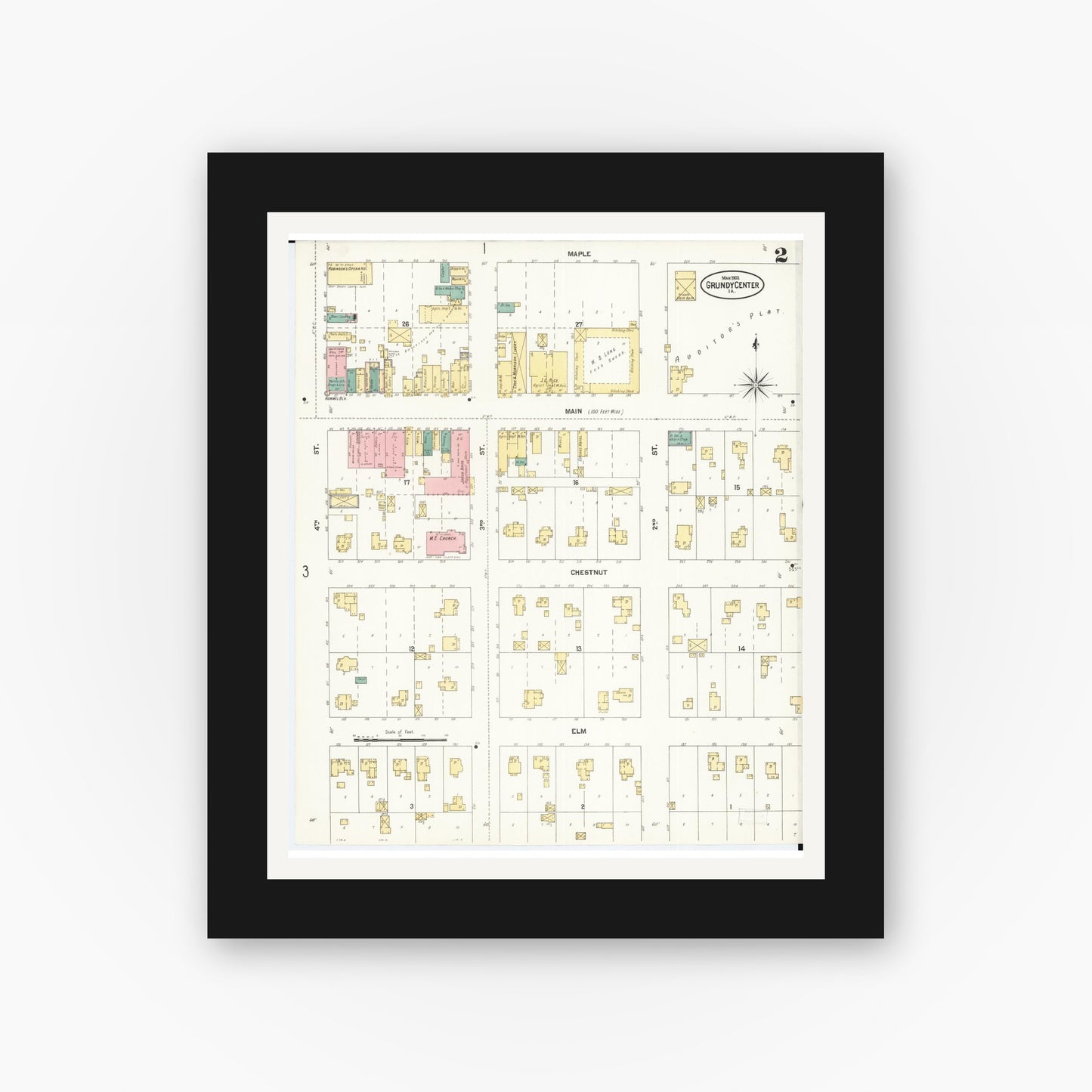 Old map wall art mockup — black gallery frame with white mat — Sanborn Fire Insurance Map from Grundy Center, Grundy County, Iowa (1902), Sheet #0002