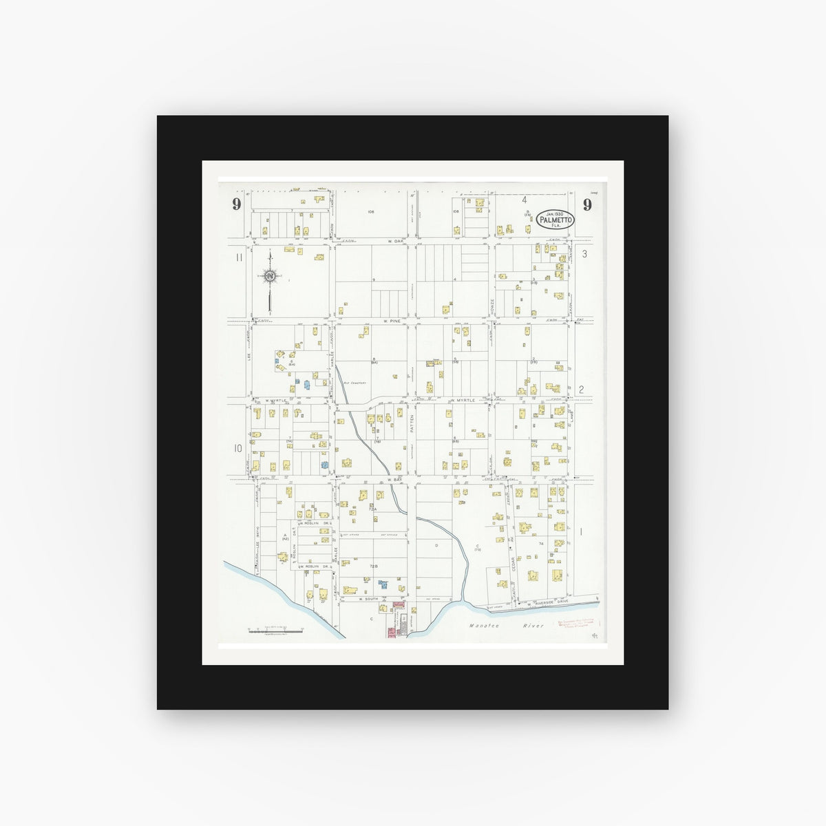 Old map wall art mockup — black gallery frame with white mat — Sanborn Fire Insurance Map from Palmetto, Manatee County, Florida (1930), Sheet #0009
