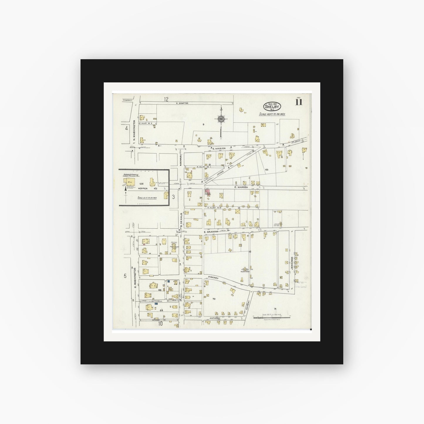 Old map wall art mockup — black gallery frame with white mat — Sanborn Fire Insurance Map from Shelby, Cleveland County, North Carolina (1921), Sheet #0011