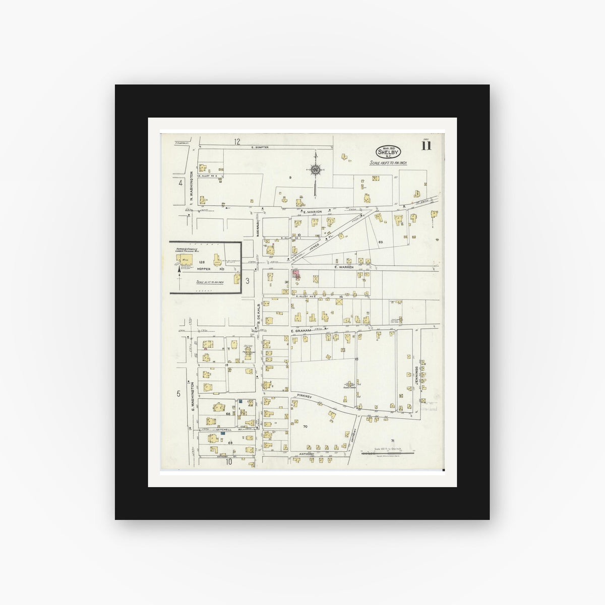 Old map wall art mockup — black gallery frame with white mat — Sanborn Fire Insurance Map from Shelby, Cleveland County, North Carolina (1921), Sheet #0011