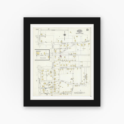 Old map wall art mockup — black gallery frame with white mat — Sanborn Fire Insurance Map from Shelby, Cleveland County, North Carolina (1921), Sheet #0011