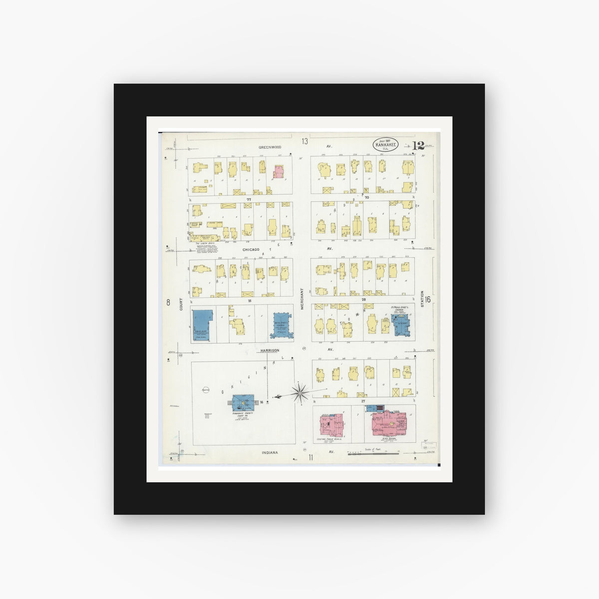 Old map wall art mockup — black gallery frame with white mat — Sanborn Fire Insurance Map from Kankakee, Kankakee County, Illinois (1907), Sheet #0012