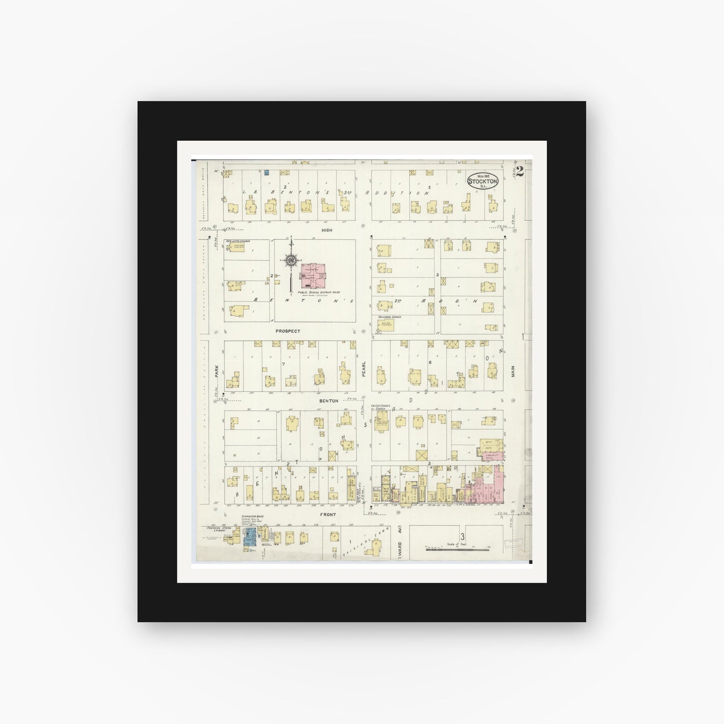 Old map wall art mockup — black gallery frame with white mat — Sanborn Fire Insurance Map from Stockton, Jo Daviess County, Illinois (1912), Sheet #0002