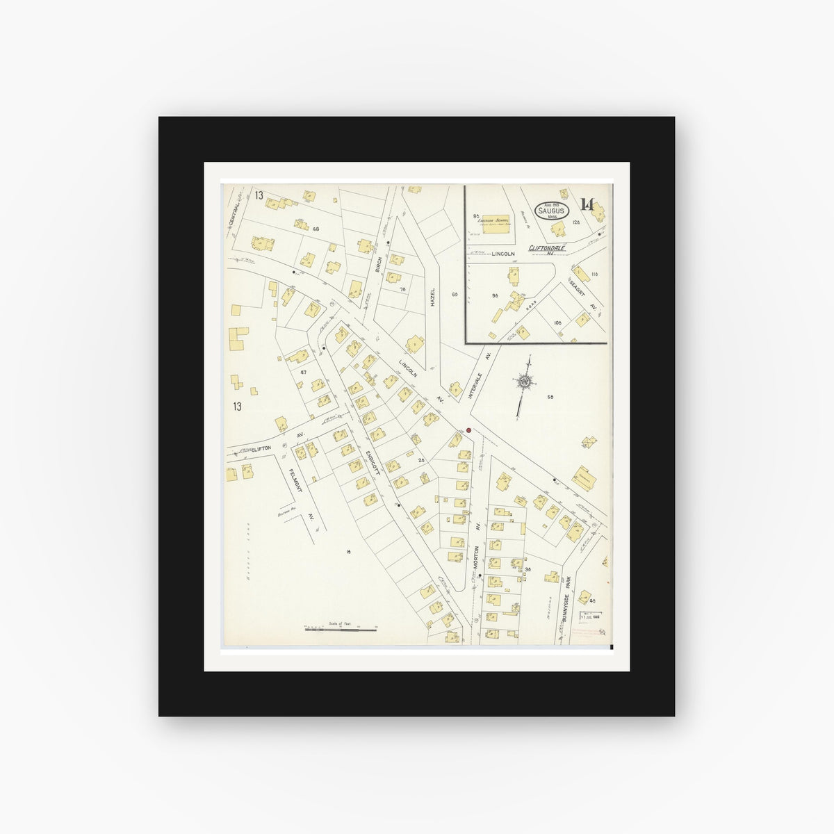Old map wall art mockup — black gallery frame with white mat — Sanborn Fire Insurance Map from Saugus, Essex County, Massachusetts (1913), Sheet #0014