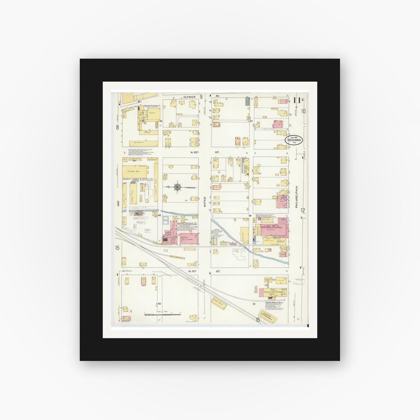 Old map wall art mockup — black gallery frame with white mat — Sanborn Fire Insurance Map from Indiana, Indiana County, Pennsylvania (1910), Sheet #0011