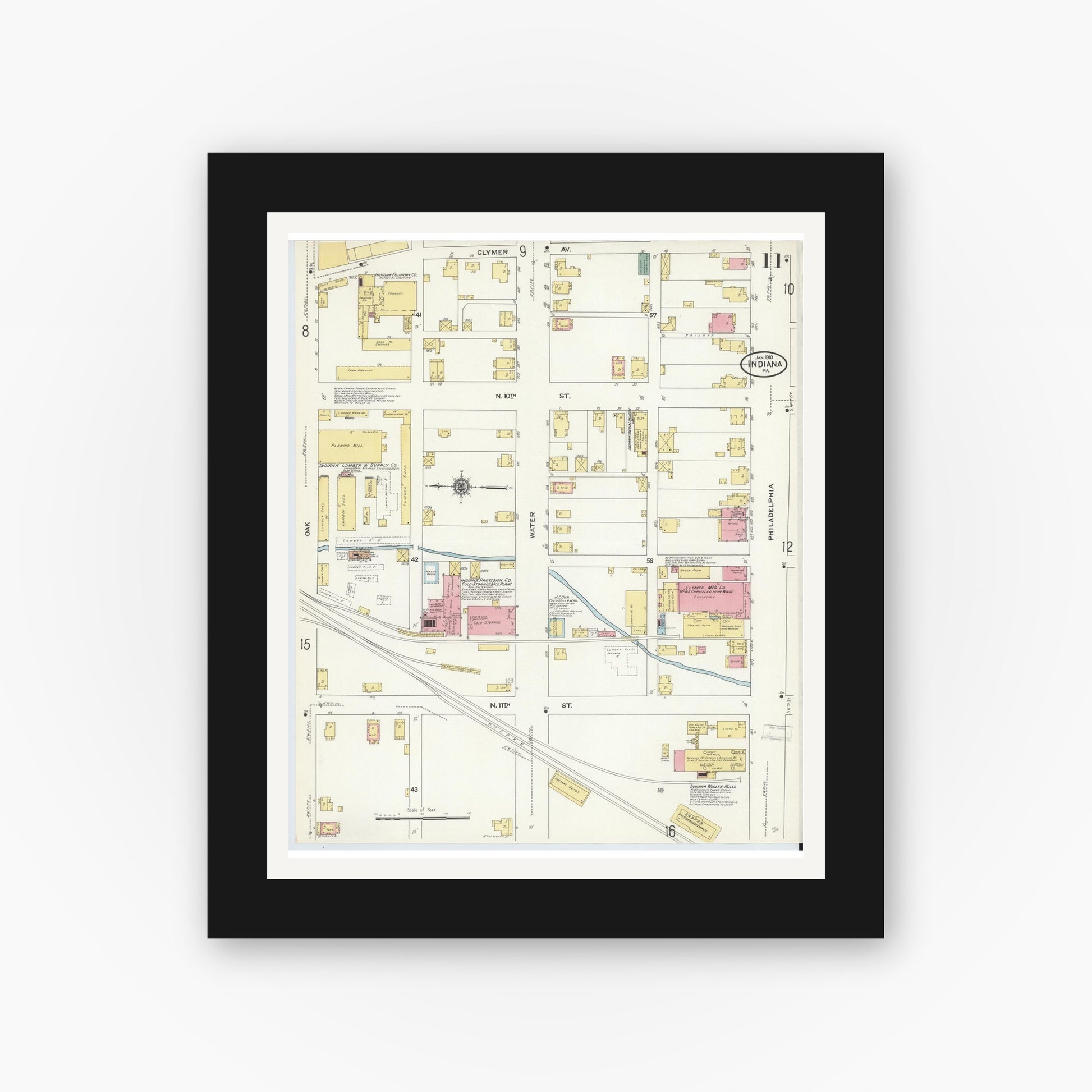 Old map wall art mockup — black gallery frame with white mat — Sanborn Fire Insurance Map from Indiana, Indiana County, Pennsylvania (1910), Sheet #0011
