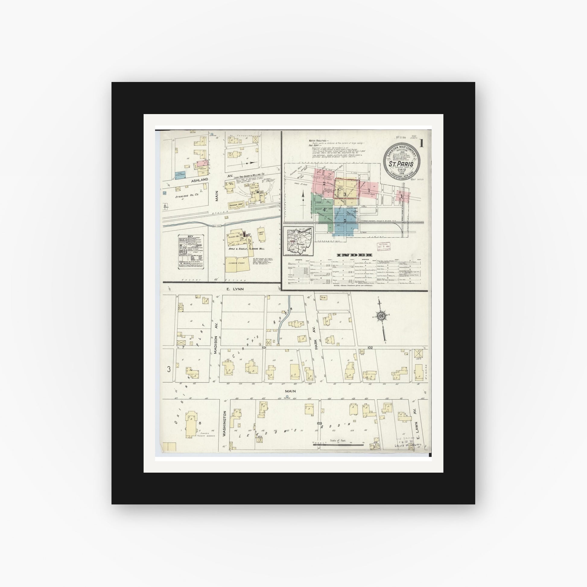 Old map wall art mockup — black gallery frame with white mat — Sanborn Fire Insurance Map from Saint Paris, Champaign County, Ohio (1914), Sheet #0001