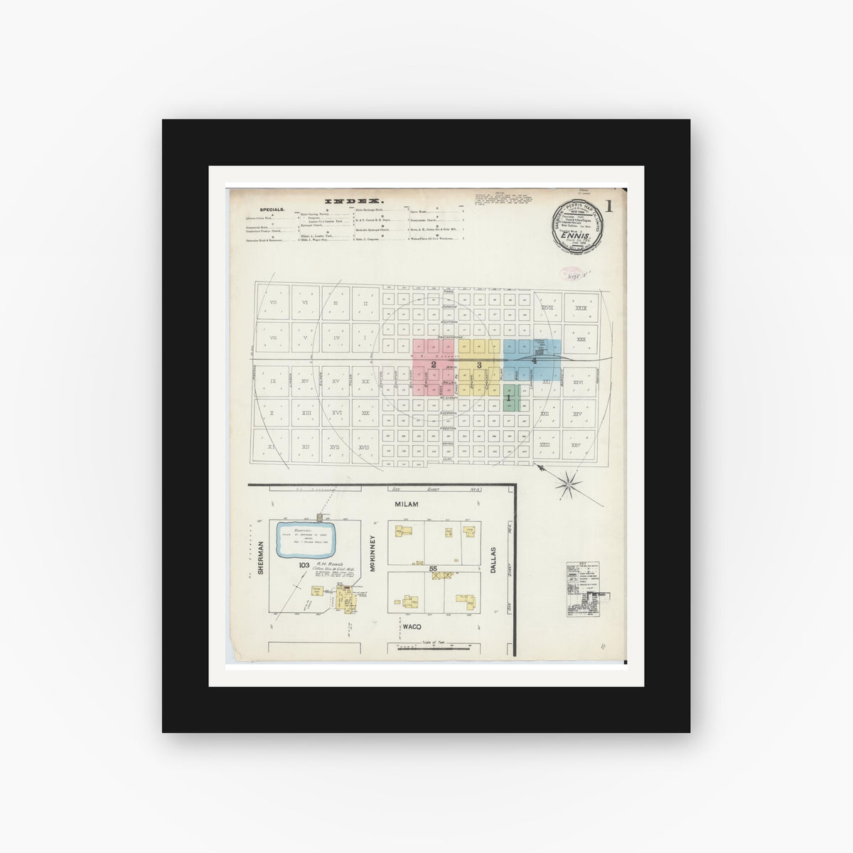Old map wall art mockup — black gallery frame with white mat — Sanborn Fire Insurance Map from Ennis, Ellis County, Texas (1890), Sheet #0001