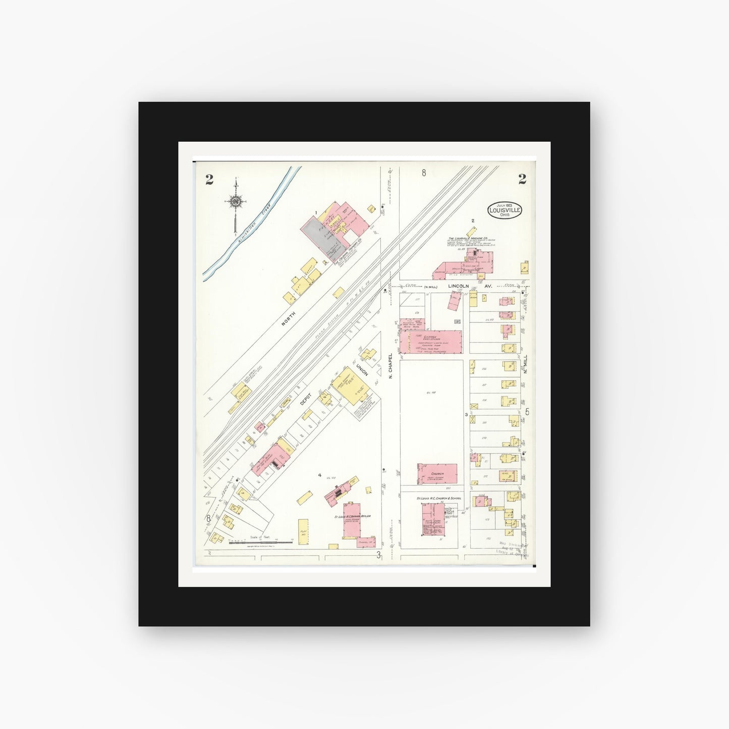 Old map wall art mockup — black gallery frame with white mat — Sanborn Fire Insurance Map from Louisville, Stark County, Ohio (1923), Sheet #0002