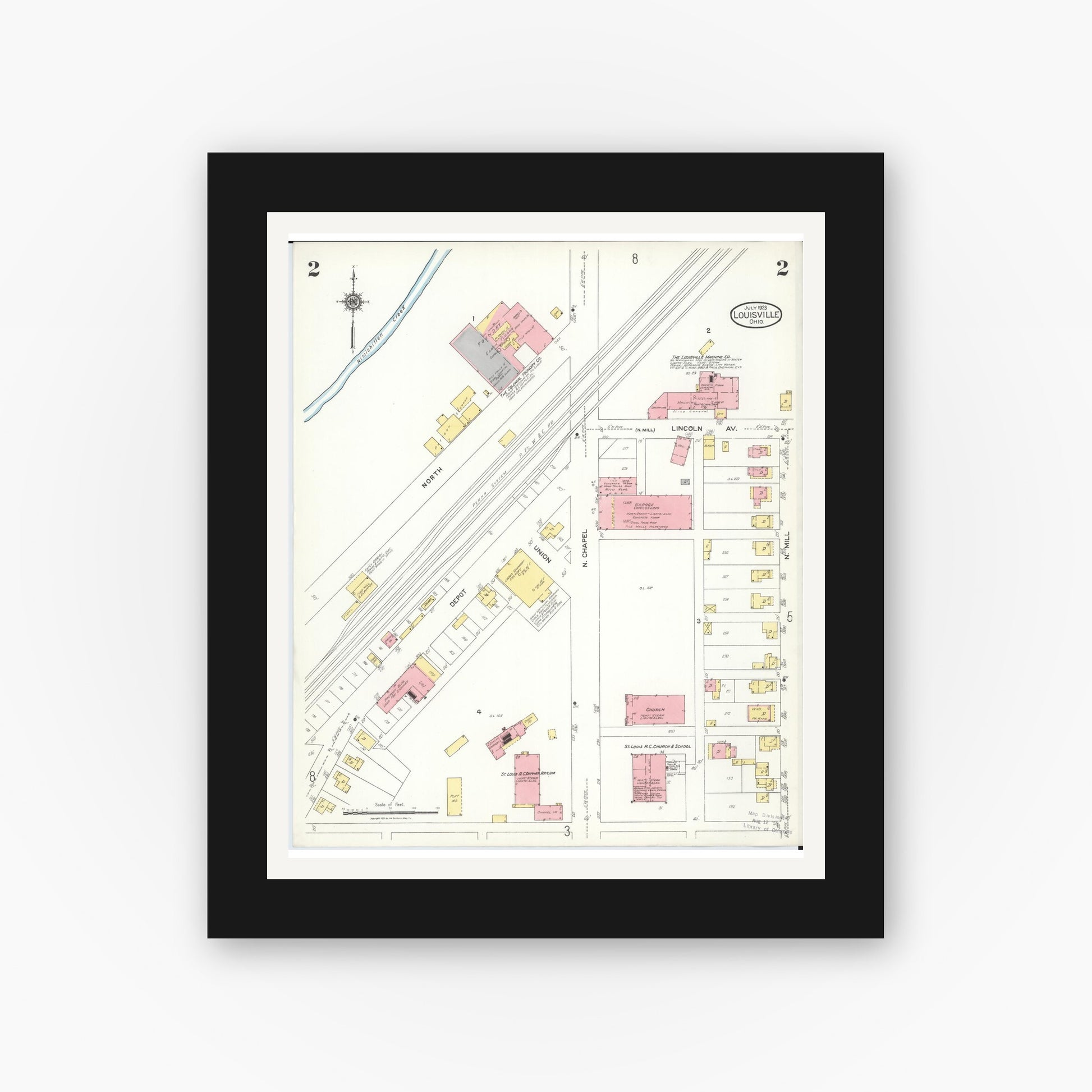 Old map wall art mockup — black gallery frame with white mat — Sanborn Fire Insurance Map from Louisville, Stark County, Ohio (1923), Sheet #0002