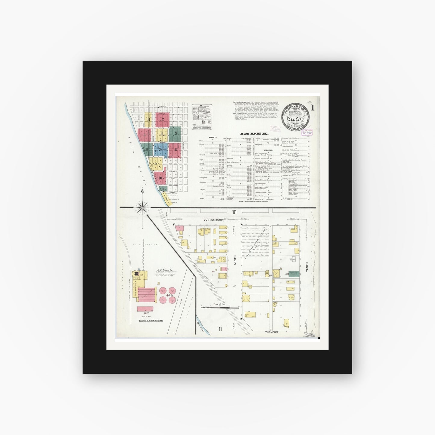 Old map wall art mockup — black gallery frame with white mat — Sanborn Fire Insurance Map from Tell City, Perry County, Indiana (1909) - Complete Map Set