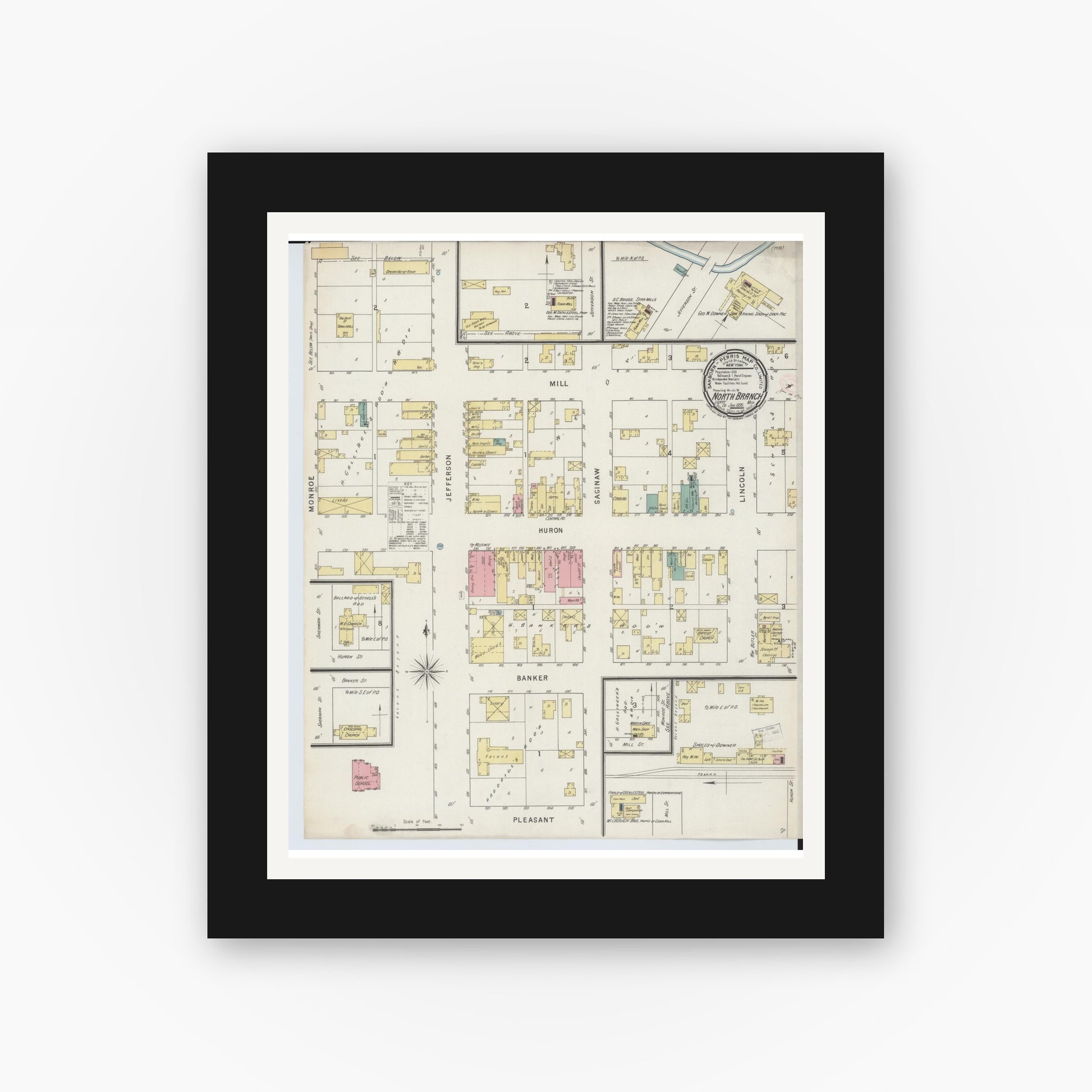 Old map wall art mockup — black gallery frame with white mat — Sanborn Fire Insurance Map from North Branch, Lapeer County, Michigan (1895), Sheet #0001