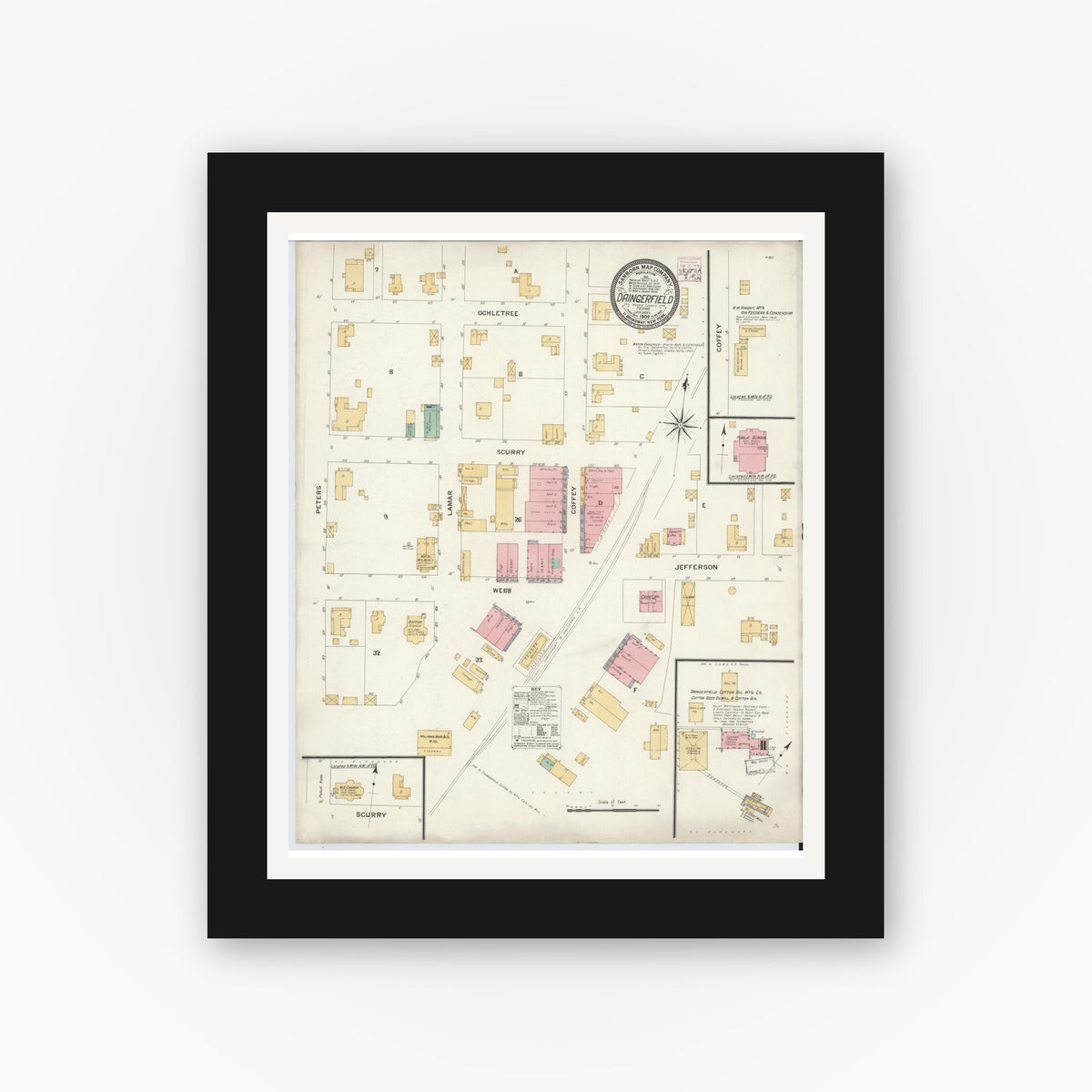 Old map wall art mockup — black gallery frame with white mat — Sanborn Fire Insurance Map from Daingerfield, Morris County, Texas (1909), Sheet #0001