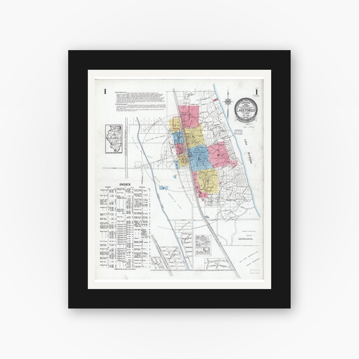 Old map wall art mockup — black gallery frame with white mat — Sanborn Fire Insurance Map from Lake Forest, Lake County, Illinois (1926) - Complete Map Set